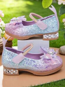女童玛丽珍公主鞋，闪亮平底花朵婚礼派对鞋，适合小童/大童 - 紫色 - 查看 5