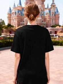 Disney New Spring/Summer Women's Round Neck Short-Sleeved Top With A Romantic Castle Print Featuring A Pink Minnie Mouse Head Bow. Made Of Comfortable, Soft, And Breathable Pure Cotton, This T-Shirt Is Suitable For Outings, Commuting, And Parties. - Black - View 2