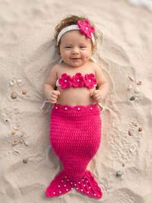 3件套手工钩织美人鱼尾巴服装新生儿摄影道具婴儿派对礼服派对礼物婴儿摄影服装 - 彩色 - 查看 3
