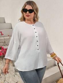 大码女式宽松纯色套头衫，时尚休闲上衣，适合日常休闲和度假穿着，春夏白色 - 白色 - 查看 8