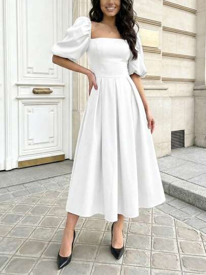 SUNSTORY Strapless Design Puff Sleeve, Cold-Shoulder Style, Waist-Cinching. Dreamy, Elegant, Graceful Young Lady's Fashion Sexy Vacation Fairy-Tale Urban Modern Romantic Resort Sweet Lady Luxurious Charm Afternoon Tea Gathering Birthday Wedding Club Party Country Formal Thanksgiving Celebration White Mid-Length Women's Dress