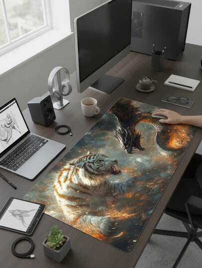 Large Size Waterproof Non-Slip Smooth Cloth Surface Dragon And Tiger Illustration Pattern Mouse Pad, Suitable As Keyboard Pad, Desk Mat Or Book Stand For Gamers, Office And Dorm Use, Compatible With Mouse And Trackball, Gift For Gamers