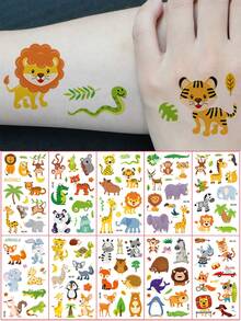 10Sheets Cartoon Animal Patterns Temporary Tattoo Sticker Body Art, Waterproof And Sweatproof Lasting For 2-5 Days, Cute Panda Penguin Boar Monkey Beast Zoon Pattern Fake Tattoo Stickers - Multicolor - View 2