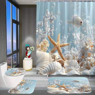 4pcs White Coral Reef Shell Pattern Shower Curtain Set With 12 Plastic Hooks, Bathroom Non-Slip Mat, U-Shaped Toilet Lid Cover, Modern Home Decor Bathroom Accessories