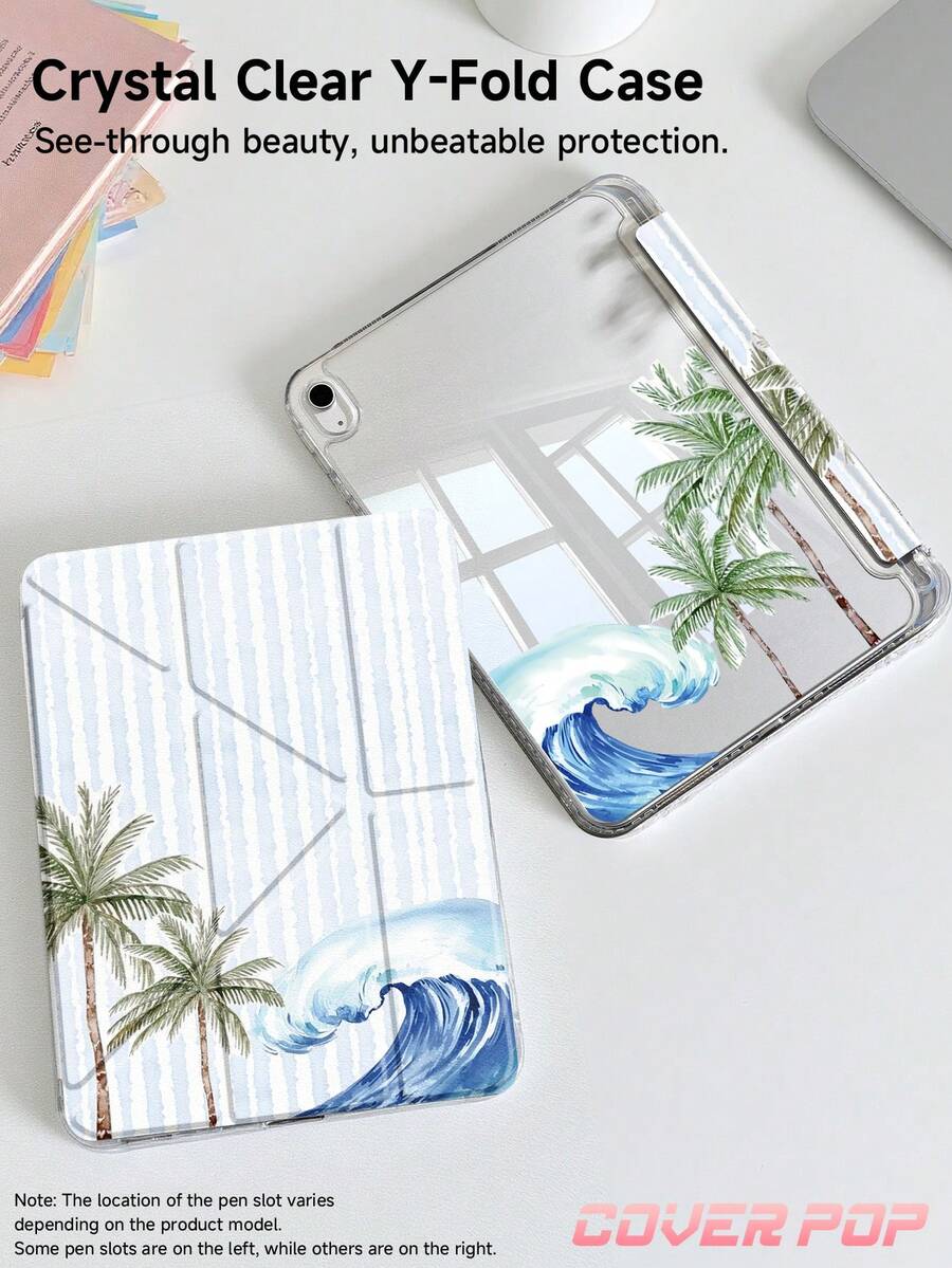 Wave & Palm Tree Pattern Protective Case, Compatible With Air 4/5 10.9", 7/8/9 10.2", (A16) 11" 11th Gen (2025), Built-In Apple Pencil Slot, Also Fits Galaxy Tab A9 11", Kindle 11th Gen 2024, Kindle Paperwhite 12th Gen 2024, Summer Pattern Protective Cover, Suitable For Back To School, Valentine's Day And Other Occasions