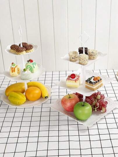 1 Set 3-Tier White Dessert Cake Stand, Plastic Pastry Stand Small Cupcake Stand Cookie Tray Rack Candy Buffet Set Up Fruit Plate And Trays For Bridal Shower Wedding Home Birthday Party Decor Serving Platter