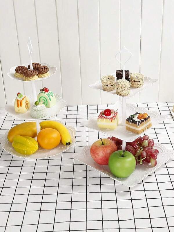 一套三层白色甜点蛋糕架，塑料糕点架，小型纸杯蛋糕架，饼干托盘架，糖果自助餐套装，水果盘和托盘，适用于新娘送礼会、婚礼、家居生日派对装饰和餐盘