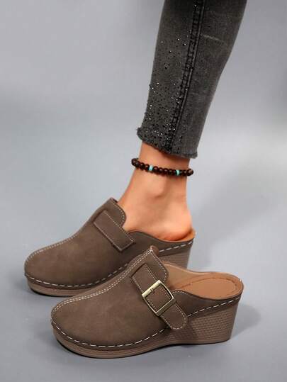 Women's Spring New Round Toe Thick Sole Comfortable Slip-On Casual Fashion Wedge Mules