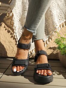 FRIFUL Sandalias deportivas de plataforma y cuña de verano para mujer, con correa de gancho y bucle, unicolor, cómodas para estudiantes - Negro - Ver 3