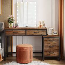 LITTLE TREE Makeup Vanity Desk With 5 Drawers, Rustic Vanity Table With With Reversible Storage Cabinet,Dressing Table For Small Spaces,Women, Girls Bedroom,Home Office(Without Mirror) - Nâu mộc mạc - Xem 9