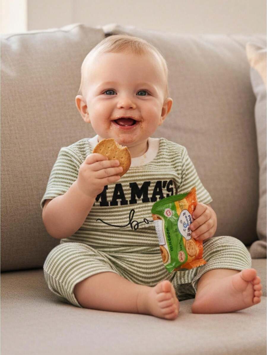 Baby Boy Romper Short Sleeve Round Neck Letter Embroidery Jumpsuit Newborn Footless Pajamas - Verde militar - Ver 1