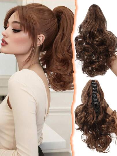 Curly Ponytail Extended By 10 Inches Claw Shaped Ponytail Wig Piece Brown (Black) Short Curly Hair Wavy High Ponytail Synthetic Fiber Suitable For Women