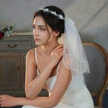 1件欧美新娘白色蝴蝶结仿珍珠短头纱，浪漫花卉头饰，旅行摄影配饰，不适合成人佩戴 - 彩色 - 查看 3