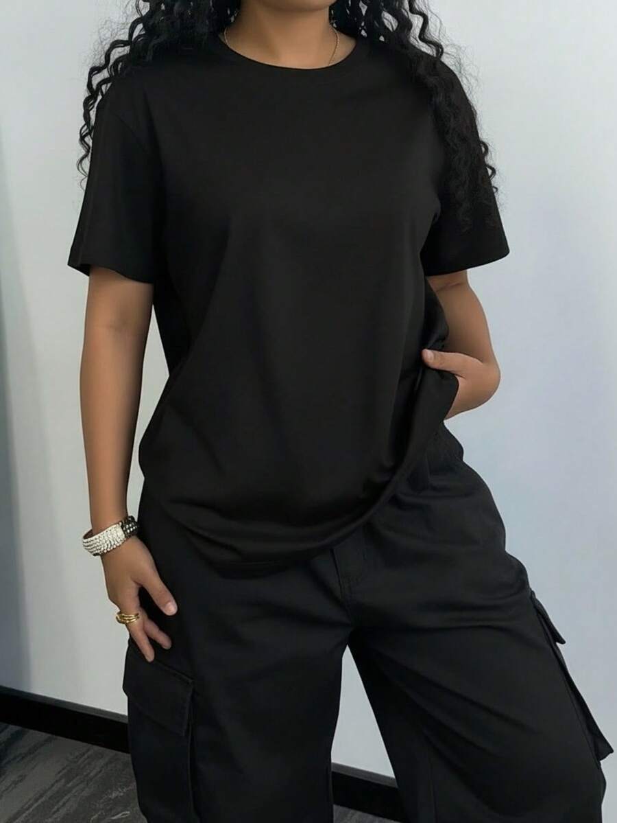 女士休闲日常通勤简约纯色短袖黑色T恤，夏季