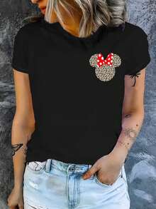 Women's Short-Sleeved T-Shirt, Double-Sided Print On The Front And Back, Featuring Disney Theme And Mickey Mouse Cartoon Image Print. Casual And Stylish Short-Sleeved T-Shirt, Slightly Stretchy, Non-Transparent, Easy-Care Material, Ideal For Everyday Wear. - 黑色 - 查看 2