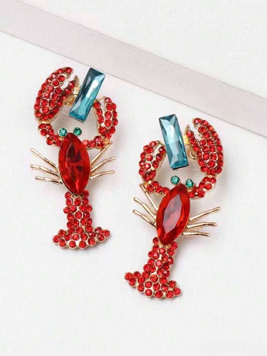 1對高端鑲鑽龍蝦和魚形耳環，鋅合金電鍍處理，女性休閒穿著的誇張耳釘 - 紅色 - 查看 1