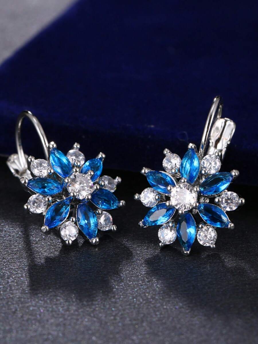 Pendientes de flor de cristal azul brillante, adecuados para damas de honor, fiestas y uso diario - Azul - Ver 1