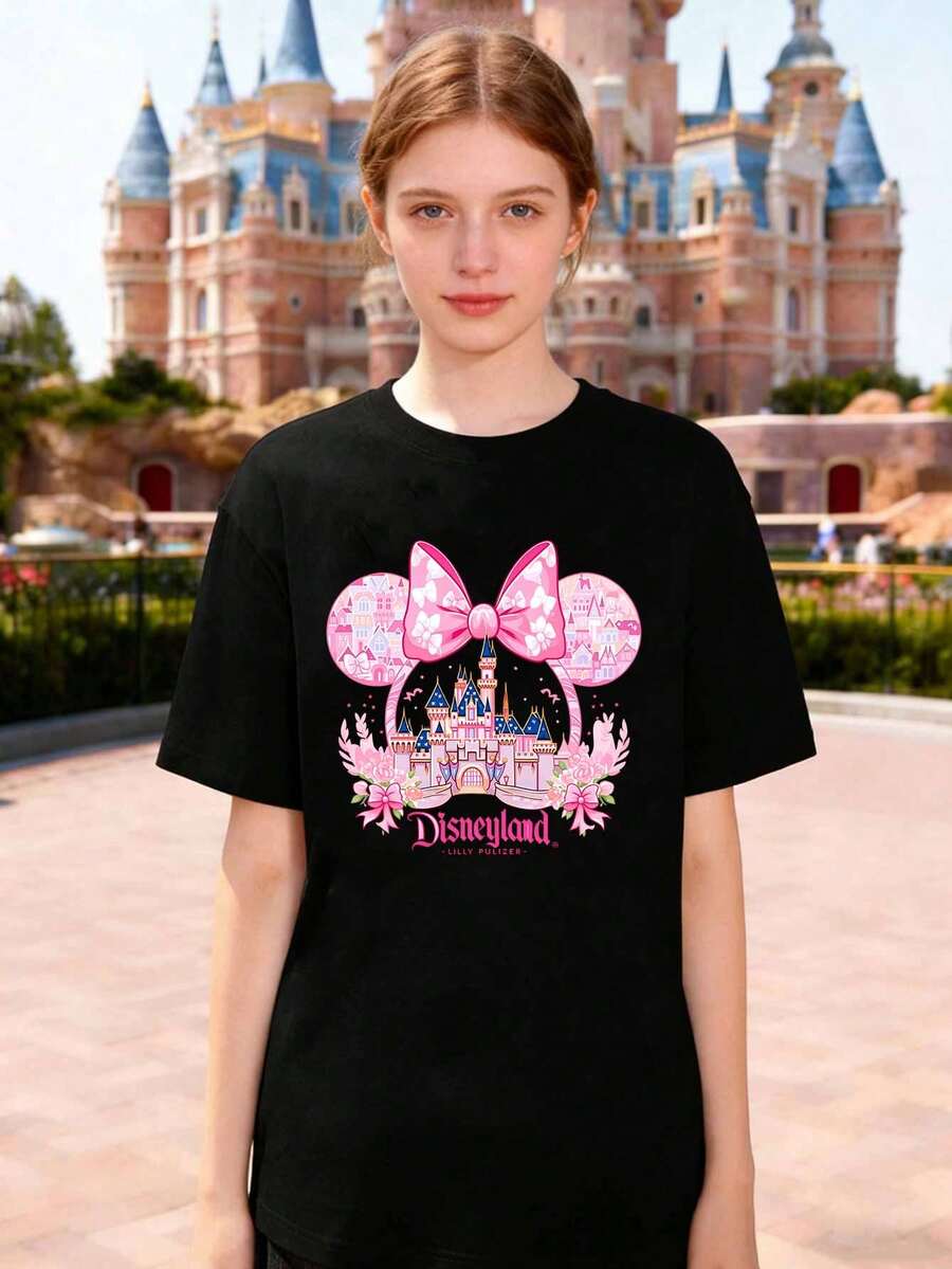 Disney New Spring/Summer Women's Round Neck Short-Sleeved Top With A Romantic Castle Print Featuring A Pink Minnie Mouse Head Bow. Made Of Comfortable, Soft, And Breathable Pure Cotton, This T-Shirt Is Suitable For Outings, Commuting, And Parties. - Black - View 1