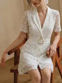 Elegant Open-Front Blazer Collar Dress With Luxurious Waist Belt And Flare Sleeve For Women White - White - View 2