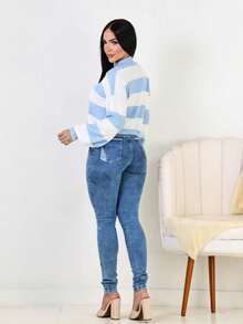 Women's Striped High Neck Knit Sweater, Winter Blouse - 淺藍色 - 查看 2