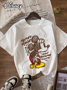 Women's Disney Mickey Mouse & Mickey Ears Letter Print T-Shirt - Mickey Short Sleeve Round Neck Casual Summer Tee Suitable For Spring Summer Fall Casual Attire Gift - White - View 6