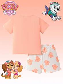 Paw Patrol 两件套汪汪队立大功女童套装，包含一件印有可爱卡通小狗图案的粉色圆领短袖T恤和一条短裤，女童睡衣/家居服，适合日常、居家、度假、节日穿着。 - 粉色 - 查看 2