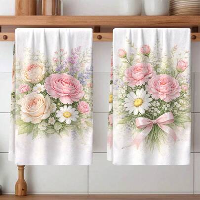 1pc Floral Pattern Towel, Kitchen Dishcloth - Carnation Design, Decorative Towel, Super Absorbent Microfiber, Machine Washable, Suitable For Holiday Decoration, Cooking, Baking, Housewarming Gifts And Cleaning Supplies, Fit For Kitchen, Bathroom, Mother's Day Floral Blessing, Multi-Piece Set