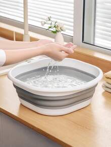 3-Size Collapsible Basin - Portable Plastic Foot/Hand Wash Tub, Multi-Functional Rectangular Bucket With Frame, Durable For Travel, Laundry, Dorm Use - Grey - View 5