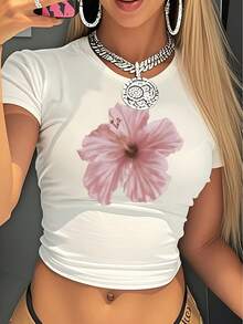 Women Casual Printed Round Neck Short Sleeve Top - Cozy Summer Essential & Casual Chic - White - View 6