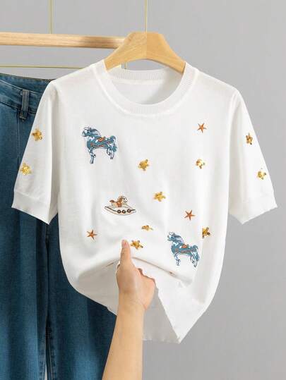 GIGOGOU 女士亮片刺绣 Polo 衫，休闲短袖上衣，舒适简约，春夏白色