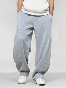 Men's Baggy Sweatpants With Elastic Waist, Casual Loose Cotton Joggers - 酒紅色 - 查看 2