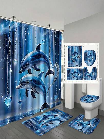 1/3/4件装海豚图案浴室帘，浴室装饰，马桶盖套，浴垫，浴帘，配12个塑料挂钩