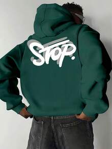 Moletom masculino de algodão com ombros caídos, estilo urbano com estampas exclusivas, tecido grosso casual para outono/inverno, extra quente com forro de lã, modelagem solta. - Cebola verde - Ver 2