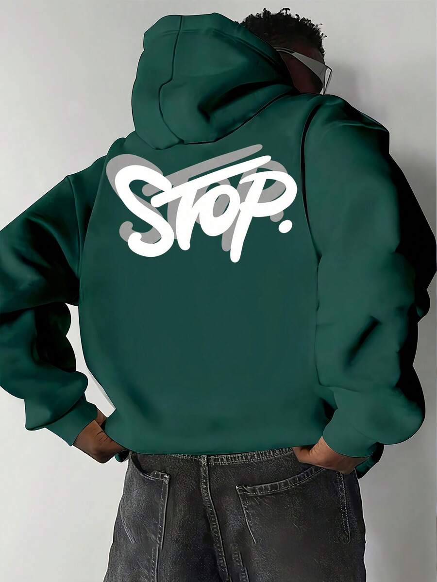 Moletom masculino de algodão com ombros caídos, estilo urbano com estampas exclusivas, tecido grosso casual para outono/inverno, extra quente com forro de lã, modelagem solta.