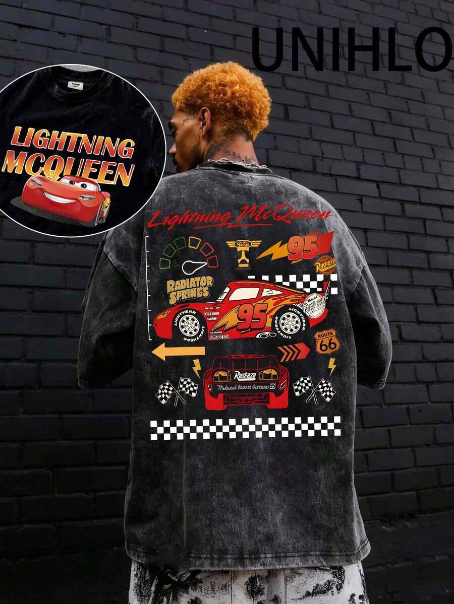 Disney Lightning McQueen  Printed Summer Heavyweight Retro Washed Street Fashion Casual T-Shirt - 黑色 - 查看 1