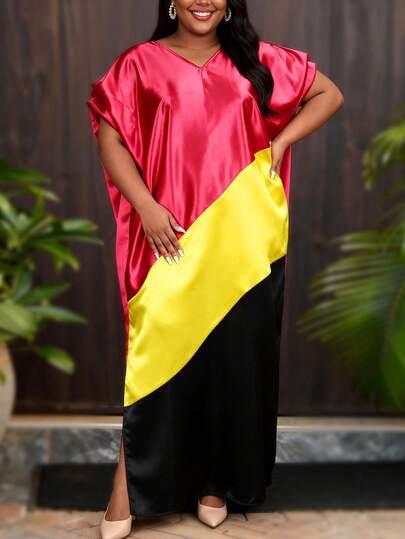 Women's Purple-Red, Yellow And Black Color Block Satin African Print V-Neck Loose Formal Dress