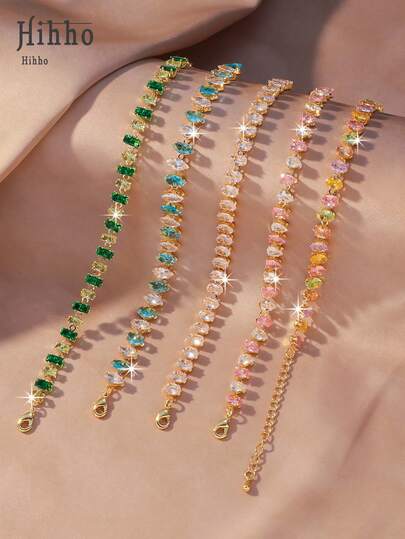 Hihho 1 pieza Pulsera de cadena de tenis colorida, pulsera de tenis de cobre con circonita cúbica de colores arcoíris, joyería para mujer, adecuada para decoración diaria, regalos de fiesta de vacaciones, joyería navideña