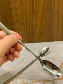 1pc Minimalist Stainless Steel Korean Style Long Handle Mixing Spoon, Condiment Spoon, Coffee Spoon, Dessert Spoon, Honey Spoon, Mug Spoon - Silver - View 8