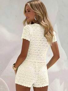 女士夏季度假套装，钩针网纱性感镂空沙滩短袖针织罩衫+短裤两件套 - 女士度假两件套，钩针罩衫夜店装，女士性感修身款 - 米色 - 查看 7