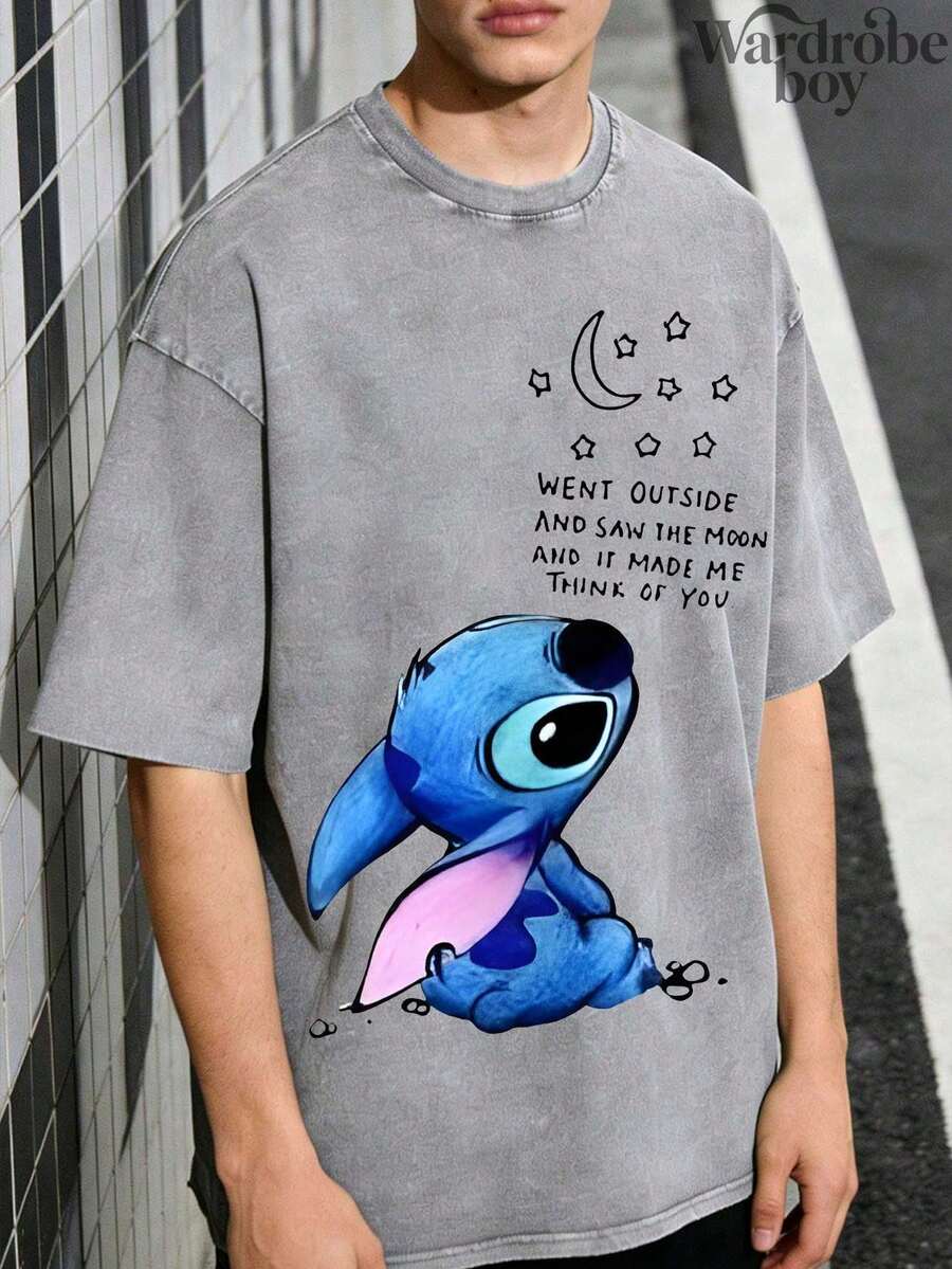 Disney Printed Wash Water T-Shirt,Disney Stitch Looks At The Stars Pattern Print T-Shirts,Unisex,High-Quality Pure Cotton T-Shirt,Suitable For All Seasons, Comfortable And Breathable| Exquisite Design | The Best Choice For Giving Gifts - Xám - Xem 1
