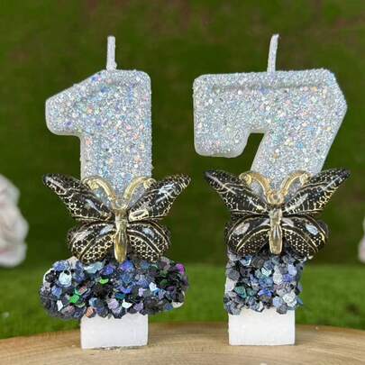 1pc Gradient Black Butterfly Decor Number Candle 0-9, Romantic Party Preferred Birthday Cake Decor, Holiday Anniversary Party Cake Candle, Shiny Number