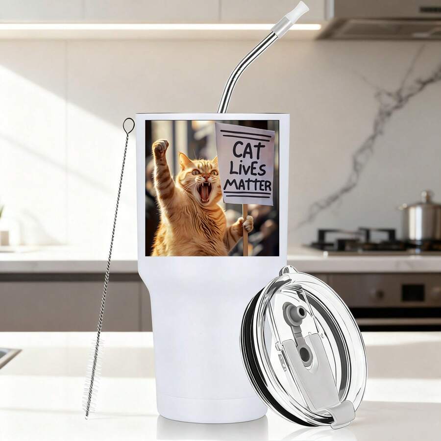 30oz Stainless Steel Tumbler Black White Options, Cat Lives Matter Protest Cat Graphic Cups, Insulated Travel Coffee Mug With Lid And Straw , Double Wall Vacuum Reusable Travel Cups, Funny Birthday Party Gift For Women & Men - 白色 - 查看 1