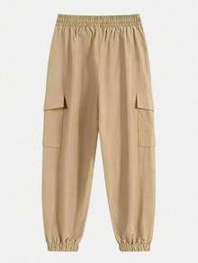 Pantalones para hombre, pantalones cargo de unicolor con cordón y múltiples bolsillos, pantalones de chándal sueltos y cómodos para primavera/otoño - Caqui - Ver 3