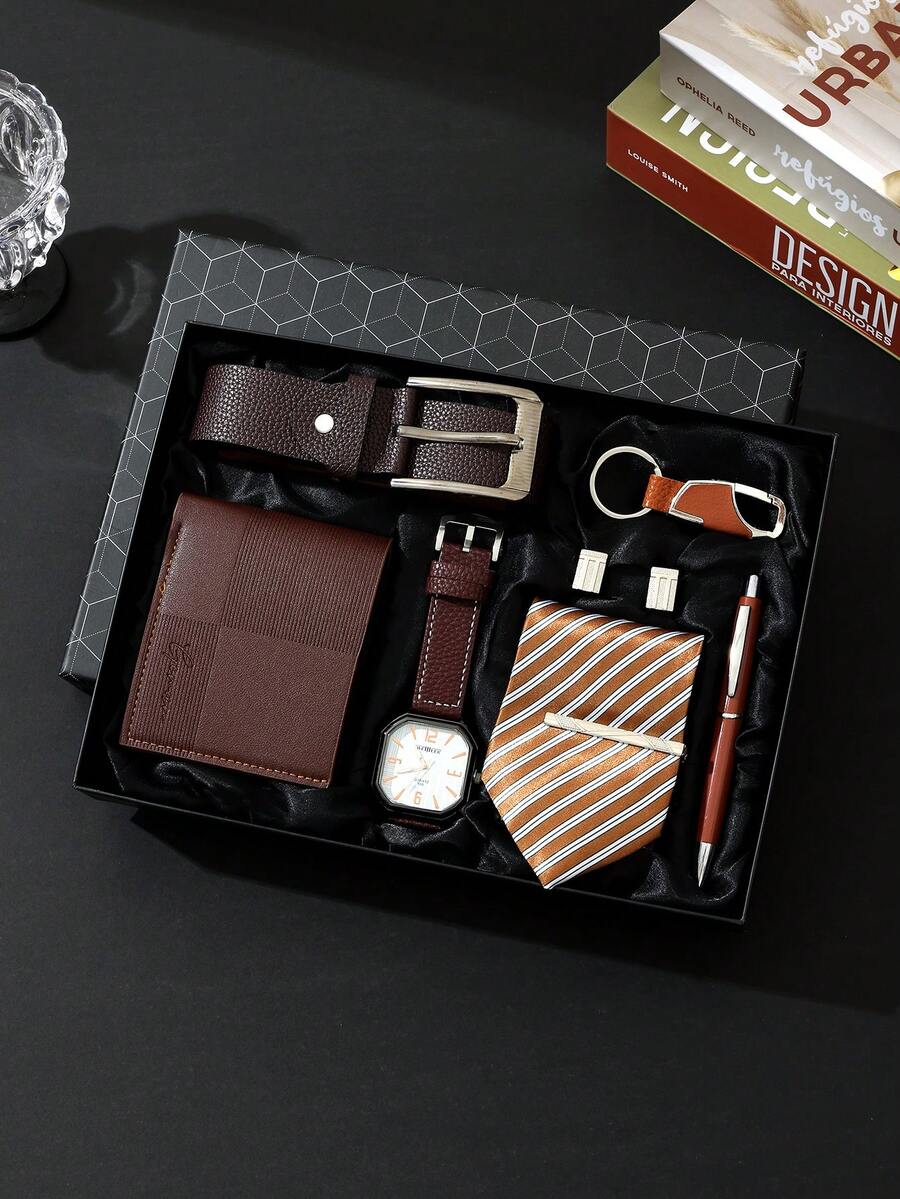 8pcs Men's Watch Gift Set, Suitable For Boyfriend, Father's Day, Birthday, Wedding Anniversary, Valentine's Day, Teacher's Day, Graduation Gift, Back To School Gift - Brown - View 1