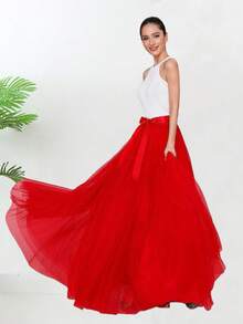 1 pieza Falda larga negra para mujer, falda de estilo gótico con abertura lateral blanca/roja para actuación en escenario, falda con lazo en la cintura, falda con superposición transparente, falda interior de malla de 150 cm de largo, linda minifalda - Multicolor - Ver 12