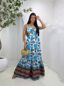 Women's Floral Long Dress, Loose Fit, Elegant, Lined, Printed - 藍圖 - 查看 2