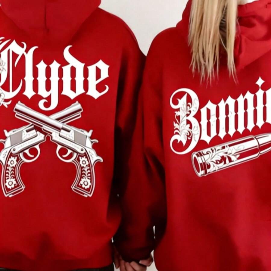 Couple Matching Gothic Bonnie And Clyde Print Hoodie, Unisex 250g Heavyweight Fleece Drawstring Pullover, Valentine's Casual Gift Sweatshirt - 男士款-紅色 - 查看 1