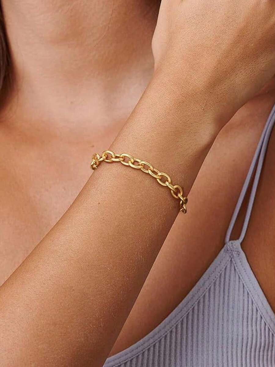 1pc Women's Bracelet, Waterproof Beach Vacation Layered Punk Hollow Stainless Steel Chain Bracelet, Daily Accessory Gift (Chain Links And Beads Quantity Random) - Yellow Gold - View 1