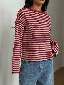 女士圆领落肩长袖条纹撞色罗纹休闲T恤 春季 - 玫紅卡其色 - 查看 6