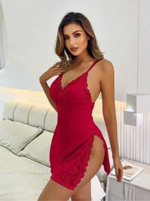 Black Lace Spaghetti Strap Nightgown With Side Slit & Bow Detail - Đỏ - Xem 3